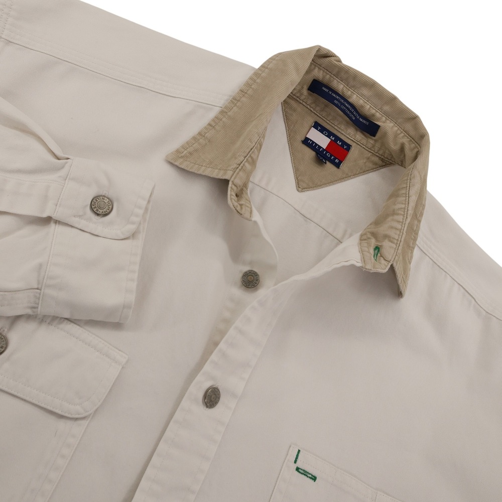 Tommy Hilfiger Mens Heavy Twill Button Down Shirt Cream Corduroy Collar Large